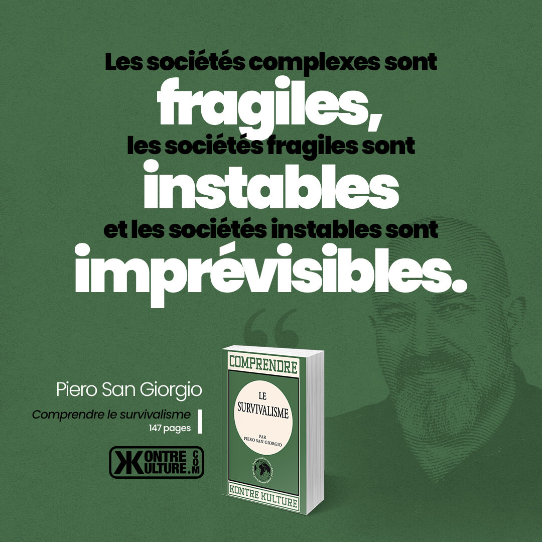 Kontre_Kulture's tweet image. Lire 📗 Comprendre le survivalisme 🖋️ de Piero San Giorgio, c’est comprendre que le survivalisme n’est pas l’affaire de quelques marginaux angoissés par le futur, mais bien d'un instinct qui a permis la pérennité de l’humanité et son évolution.
#Survivalisme #PieroSanGiorgio