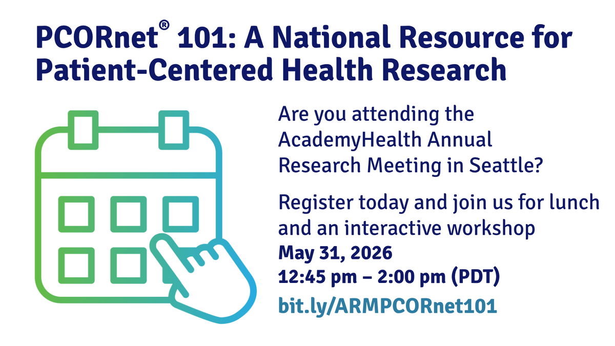 PCORnetwork's tweet photo. Are you attending the 2026 AcademyHealth Annual Research Meeting in Seattle? Come find us at our booth, a PCORnet® 101 adjunct meeting, and a session on learning health systems.
Learn more &amp; register 🔗 
https://t.co/IcQMWMz0MC  
#ARM26 https://t.co/2JcWxL3Gf9