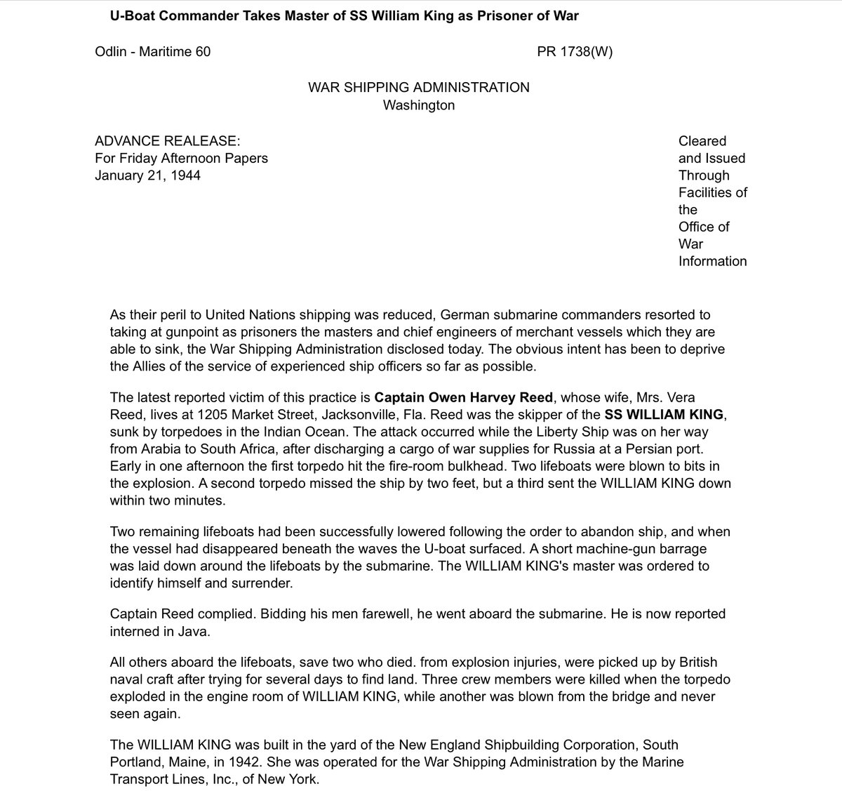 USMMWWII's tweet photo. WAR SHIPPING ADMINISTRATION  Washington  Advance  Release: 
The WILLIAM KING's master was ordered to identify himself and surrender. Captain Reed complied. Bidding his men farewell, he went aboard the submarine. He is now reported interned in Java. All https://t.co/KHhvz9QxY3 https://t.co/TQMNCBW1aQ