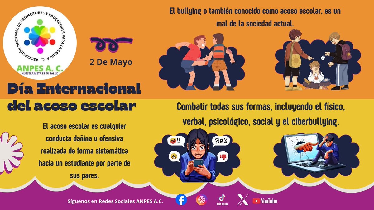 ANPES_A_C's tweet image. El bullying o acoso escolar tiene efectos negativos en la salud física, el bienestar emocional y el rendimiento académico de los niños.
Toda la violencia es prevenible.

#ANPESAC   
#AcosoEscolar #Bullying  #EntornoEscolar #Adolescencia #edadescolar 
#RompeElSilencio