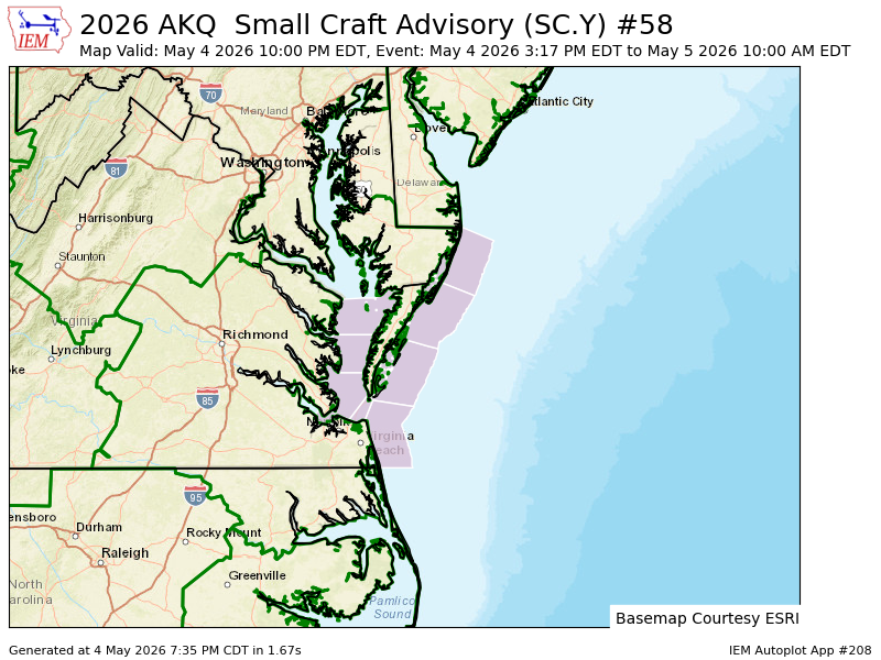 AKQ updates Small Craft Advisory (extends time of 4 zones, continues 5 zones) mesonet.agron.iastate.edu/vtec/f/2026-O-…