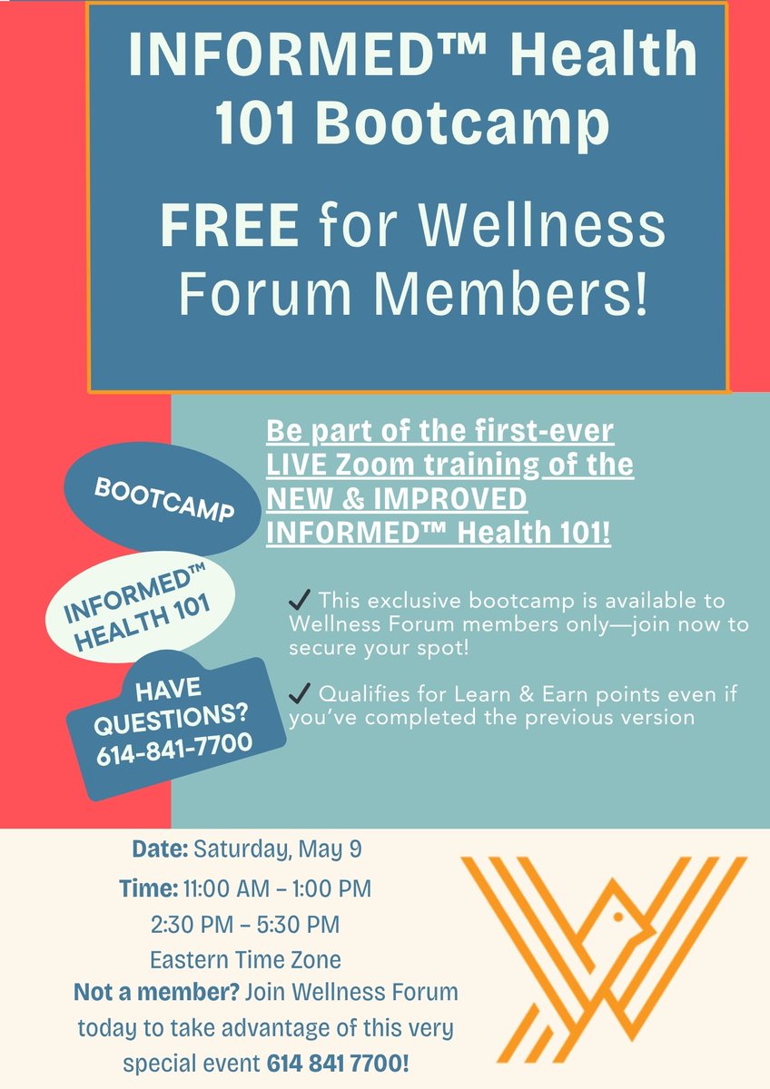 PamPopper's tweet photo. Wellness Forum Health- Don't miss this NEW Member Event!

The NEW INFORMED Health™ 101 will be offered for the first time LIVE this weekend with favorite instructor Don Rothenstein!

Saturday May 9   11:00AM-1PM     2:30-5:30PM eastern time

(of course we will record this and it will be posted on the members site)

AND it qualifies for 100 Learn and Earn points

To reserve your space, email shermank@wellnessforum.com