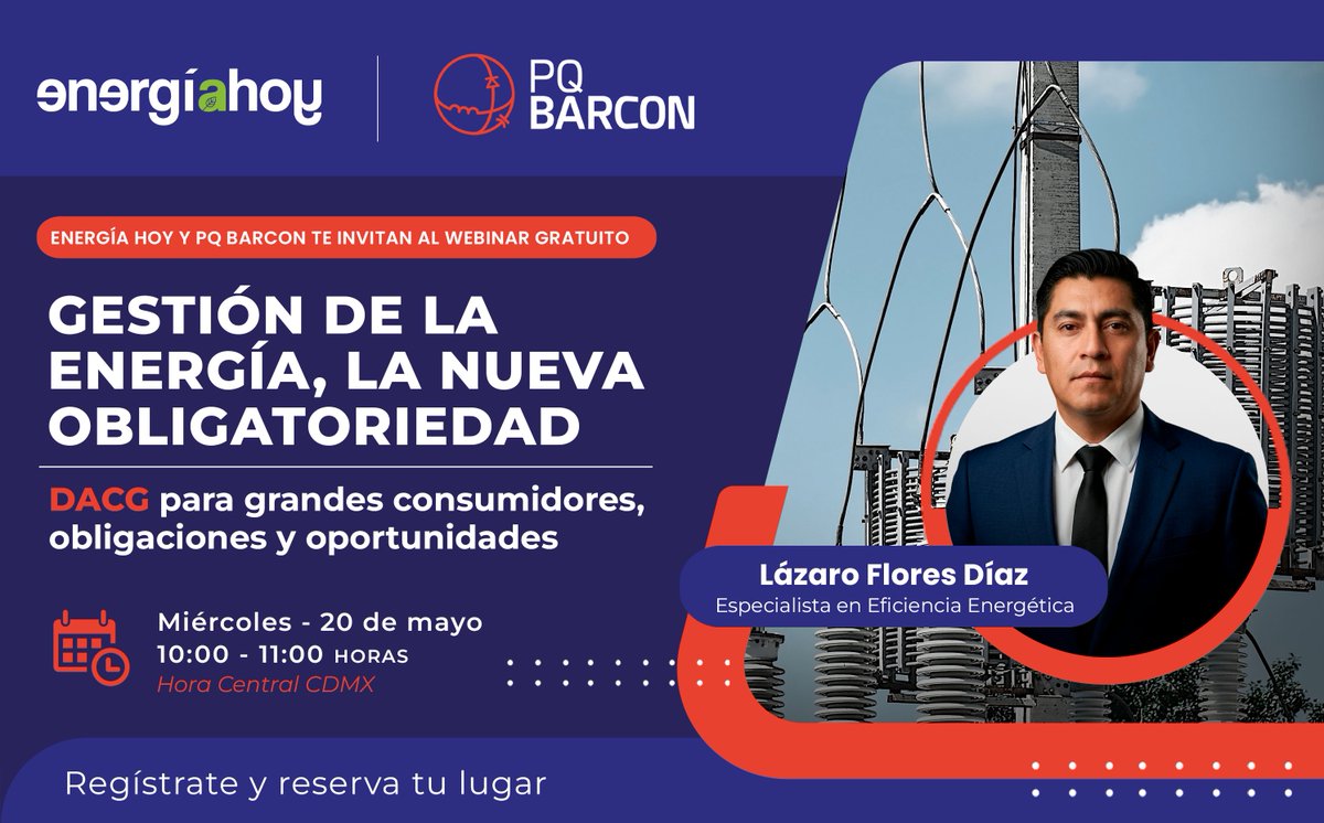 energiahoy's tweet image. ⚡ La gestión de la energía es la nueva obligatoriedad.

Conoce cómo las DACG impactan a grandes consumidores en este webinar gratuito.

📅 20 de mayo
⏰ 10:00 hrs
🎙️ Lázaro Flores Díaz

Regístrate 👇
energiahoy.com/webinar-pq-bar…

#Energía #DACG #Webinar #Industria