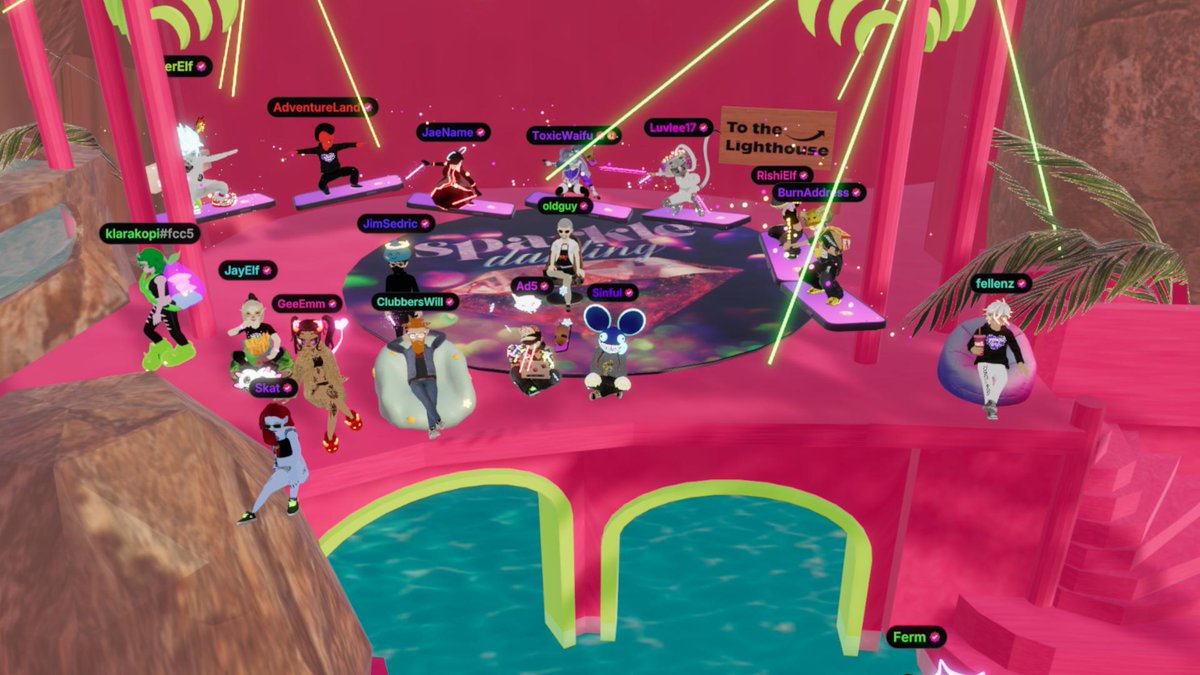u_ad5xlh's tweet photo. Just chilling at @LaCantinaDCL watching @SinfulMeatStick play video games @decentraland! Look at all the cool mobile surfers!! No Beyond the NFT but we still here! :) https://t.co/7GcIX8y6F9