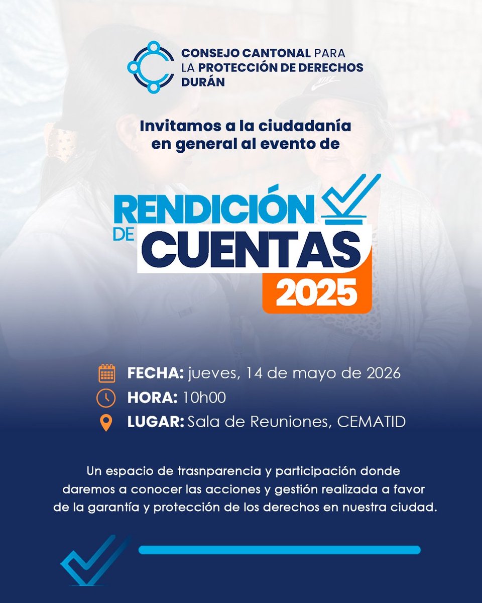 📢 Te invitamos a la Rendición de Cuentas 2025

📅 Jueves, 14 de mayo de 2026
🕙 10h00
📍 Sala de Reuniones, CEMATID

Súmate y sé parte de este ejercicio de transparencia.

 #RendiciónDeCuentas2025 #ParticipaciónCiudadana #ProtegemosTusDerechos
#TransformaciónConResultados