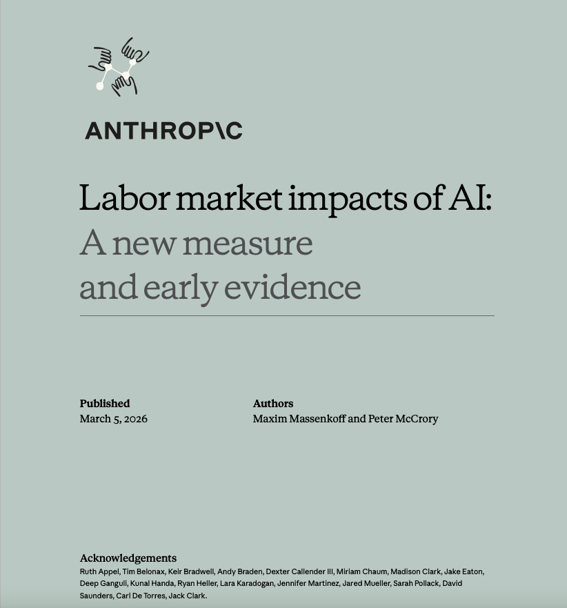 iam_elias1's tweet photo. Anthropic just published data about AI and jobs that no other AI company would dare release.

Because the data comes from their own product. And the findings are uncomfortable for everyone — including Anthropic.

Anthropic researchers Maxim Massenkoff and Peter McCrory just published a paper that does something no AI company has done before: it combines what AI can theoretically do with what people are actually using it for. The Register

Every previous study on AI and jobs worked from theory. Consultants estimated which tasks could theoretically be automated. They mapped those tasks to occupations. They produced alarming headlines about which jobs were at risk.
Anthropic skipped the theory. They used Claude's actual usage logs.
Here is the gap they found — and why it matters more than the numbers suggest.

Computer and math jobs: AI could theoretically handle 94% of tasks. Observed actual usage in real workplaces? 33%. Business and finance: 85% theoretical, 20% actual. Office and admin: 90% theoretical, 25% actual.

That sounds like good news. Actual AI deployment is far behind what AI can theoretically do. People still have their jobs.
The researchers asked why actual deployment is so far behind theoretical capability. The answer is not that the AI is not good enough. The answer is friction. Legal constraints, slow company adoption, the need for human oversight, software integration hurdles.

Not capability. Friction.
And friction is temporary. The capability is not.
The workers most exposed to AI automation tend to be older, female, more educated, and higher paid.

Not factory workers. Not truck drivers. Not the low-skill jobs that every previous automation wave displaced. The workers most exposed to Claude's actual usage patterns are educated, experienced, professional women in white-collar roles.

The researchers are explicitly building an early warning system because they expect that to change. Their own scenario planning includes what they describe as a potential "Great Recession for white-collar workers," comparable to the doubling of unemployment from 5% to 10% in 2007 to 2009. They are not predicting that. They are preparing to detect it.

The company building the AI that could cause a white-collar recession is building a monitoring system to detect the white-collar recession when it arrives.
Think about what that sentence means.
Anthropic is not saying it will not happen. They are saying: we are watching for it. We will know when it starts.

There is a line in the Anthropic study that cuts through all of it. The gap between capability and deployment is not a skills gap. It is an adoption gap.

Every upskilling program, every AI literacy initiative, every "learn to work with AI" certification course is solving the wrong problem. Workers are not failing to use AI because they do not know how. They are failing to use it because the systems around them — legal, institutional, organizational — have not yet integrated it.

When those systems catch up, the friction disappears.
The capability was always there.

Source: Massenkoff & McCrory · Anthropic Research · "Labor Market Impacts of AI" · March 2026 · https://t.co/8A9FaYFM8d