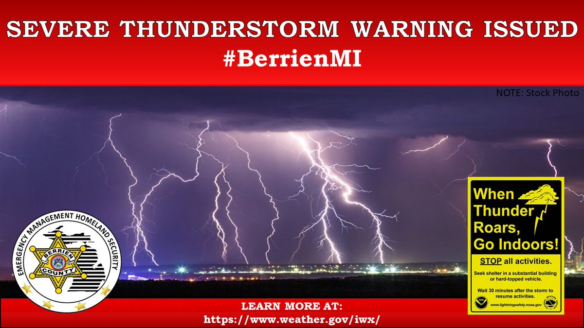 BCEMHSD's tweet photo. A Severe Thunderstorm Warning has been issued for #BerrienMI.  Seek Shelter Now.  Learn more at https://t.co/Zl1zfePxSY https://t.co/yisZXgf96T