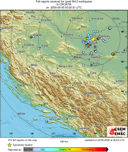 LastQuake's tweet image. #Earthquake 27 km NE of #Osijek (#Croatia) 17 min ago (local time 02:35:51). Updated map - Colored dots represent local shaking &amp;amp; damage level reported by eyewitnesses. Share your experience via:
📱m.emsc.eu/#app
🌐m.emsc.eu/?id=1989490