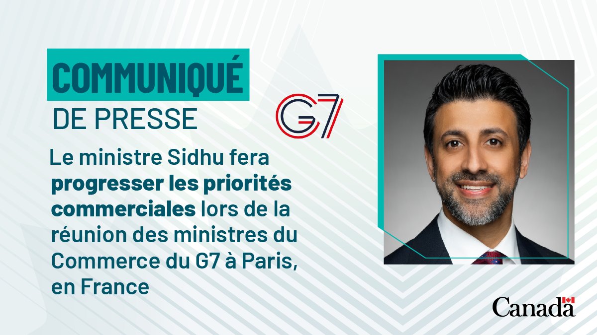 CommerceCanada's tweet photo. 📢Le ministre Sidhu se rend à Paris pour défendre les intérêts commerciaux du Canada lors de la réunion des ministres du Commerce du G7. 🌎

➡️ Informez-vous : https://t.co/ZCw0qG68A5

#G7 #DiversificationCommerciale
#ProsperitéMondiale #OMC https://t.co/0uoxRwES6v