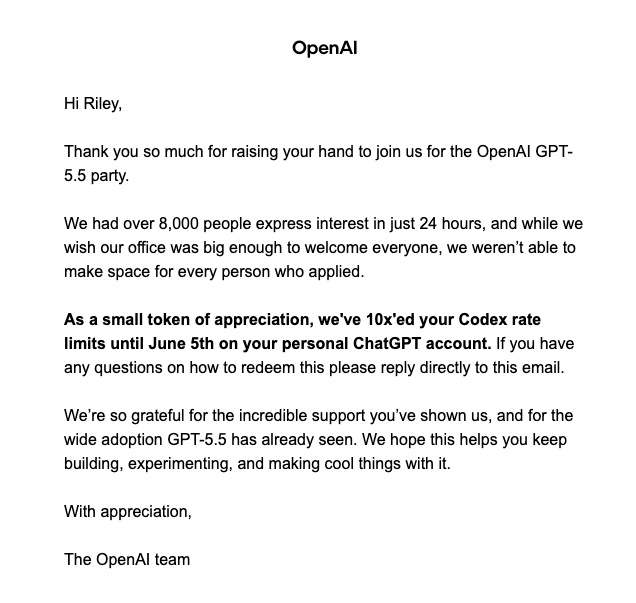 Screenshot showing OpenAI 10x Codex credits email notification