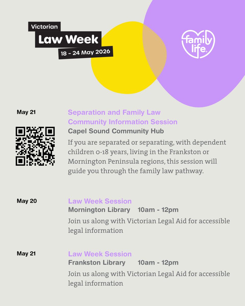 FamilyLifeAU's tweet photo. Victorian Law week is coming up from the 18th of May, 2026. Join Family Life at these upcoming events in your local area! 🧡

#VictorianLawWeek #FamilyLifeAu https://t.co/ZXLXXC2m1q
