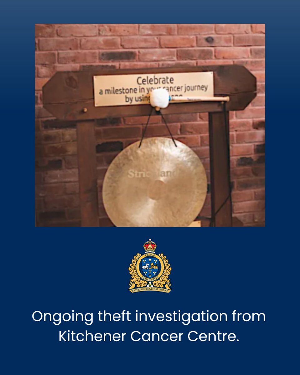 WRPSToday's tweet image. A 44-year-old male was arrested, charged, and held for bailing following the theft of a ceremonial gong.

The gong has not been recovered, and its whereabouts remains unknown.

Anyone with information related to this incident is asked to contact police at 519‑570‑9777, extension