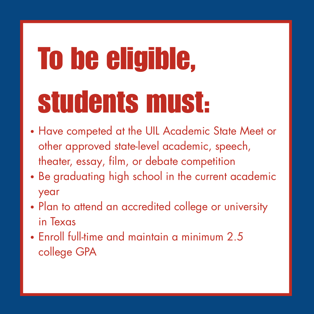TILFoundation's tweet photo. Did you know UIL academic achievements can help students earn college scholarships? 🎓🌟

The Texas Interscholastic League Foundation awards scholarships to students who have competed at the highest levels of UIL academics and other approved state competitions. https://t.co/jfEy6wufml