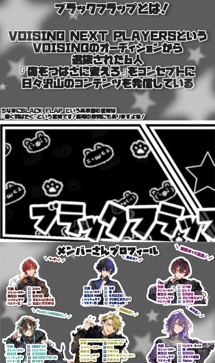 Hami_Flap's tweet image. 𓆩 ブラックフラップってな ー に ー ！！ 𓆪

※こちらの投稿はいちリスナーとしてブラフラを世に広めたい！という思いの元沢山の方のご協力で作成したものです
ぱくり❌ 参考一言お願いします！

沢山の反応お待ちしてます♩
拡散などぜひ🥲💕︎
ご本人に届けばいいな！！

#ブラフラ