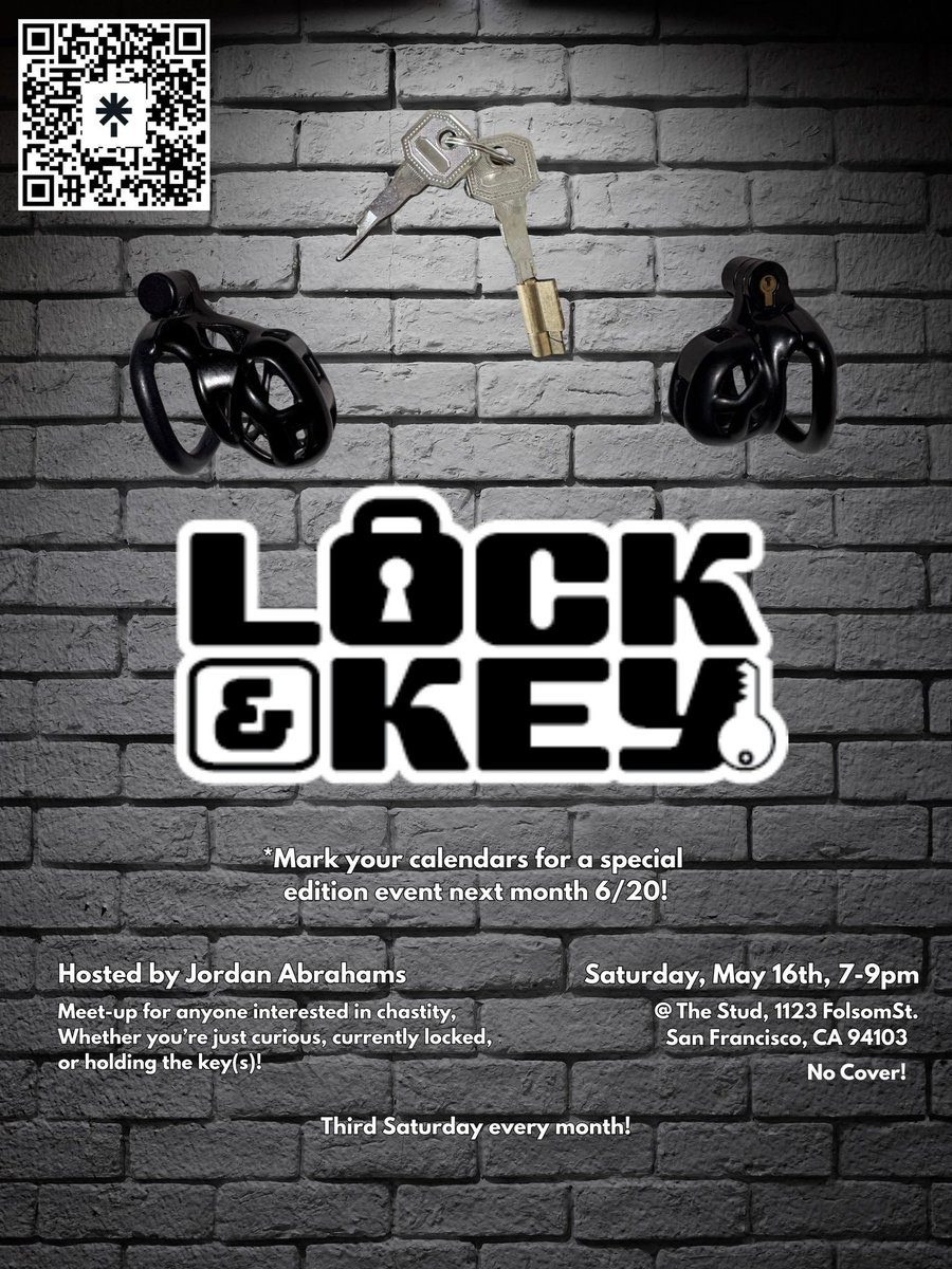 LockItSF's tweet photo. May’s Lock &amp; Key meet-up is locked in! 🔓

@JordanAbrahamsX hosts the monthly social at The Stud on Saturday, May 16th. Come chat &amp; meet the community from 7–9 PM

Also, save the date for 6/20—something special is coming! 🤫

📍 @StudSF1 
🕖 7–9 PM
🆓 No Cover!

#ChastitySocial https://t.co/AxZjzhsxsR