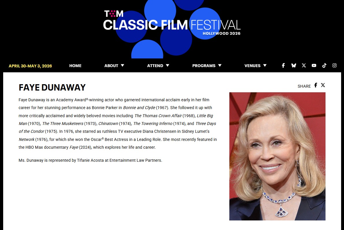 EntLawPartners's tweet photo. Celebrating a true Hollywood icon!🌟

We are incredibly proud to see the legendary Faye Dunaway featured at the TCM Classic Film Festival 2026. From her breakout role in Bonnie and Clyde to her Oscar-winning performance in Network, Ms. Dunaway’s career is a masterclass in cinema. https://t.co/KUVvIgD3Tf