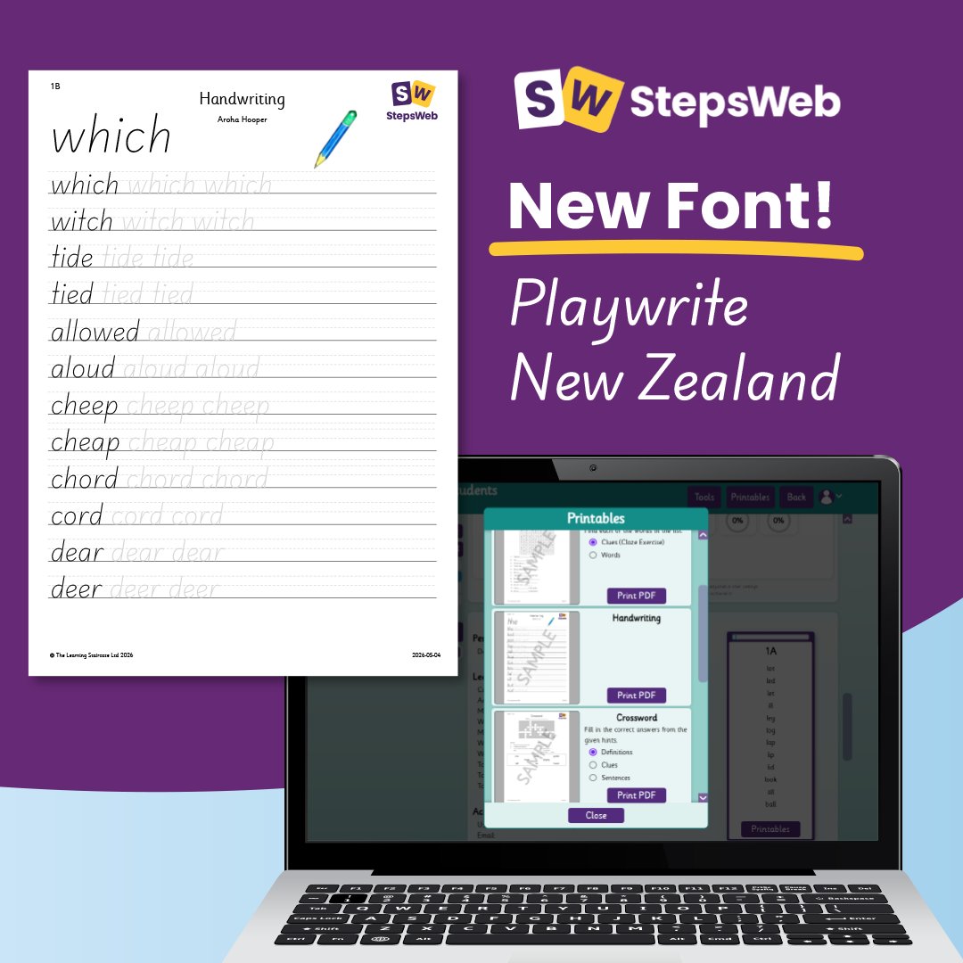 StepsWeb's tweet photo. Good news! The Playwrite New Zealand Basic font is now available for StepsWeb handwriting printables, so your students can practice the same handwriting font they're using in class on any wordlist in StepsWeb. ✍️

#NZTeachers #LearnToWrite #TeacherResources https://t.co/3n9zSqt79x
