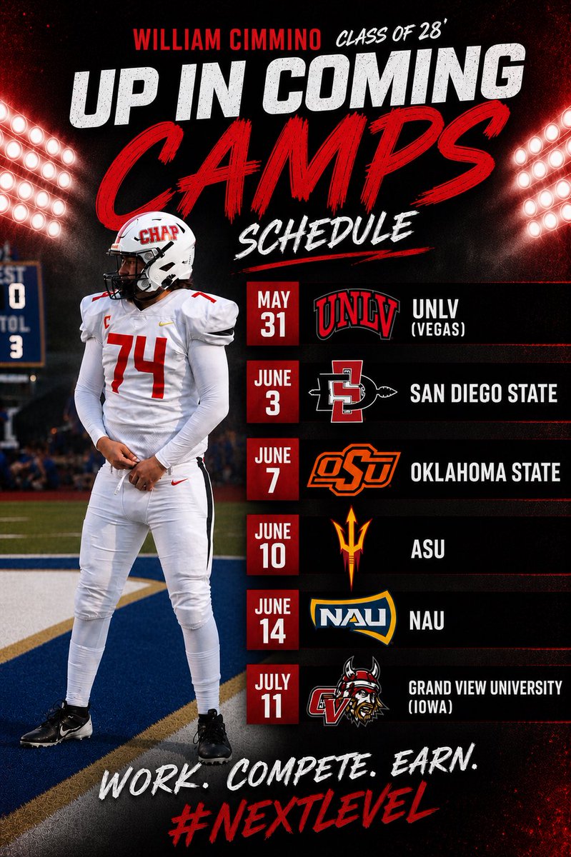 WilliamCimmino4's tweet image. Excited to announce l'Il be attending these upcoming camps this summer. Looking forward to competing, getting better, and connecting with great coaches along the way.
Ready to work. #NextLevel #classof2028
@JaelenStrong @azcompassfb @Tos93
@NCSA_Football @AztecFB @unlvfootball