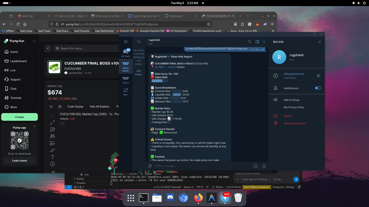 floxen4's tweet photo. Most people don’t lose in crypto because of bad timing.
They lose because they enter bad tokens.
I built a Telegram bot that scans any token in seconds and shows you:

• If liquidity is locked
• If the owner can mint or dump
• If whales control the supply
• If the deployer has a bad history

Before you buy, you’ll know what you’re dealing with.
Launching in a few days.

Drop “SCAN” if you want early access.
