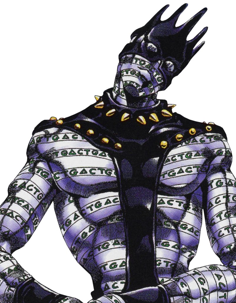 VanSieg_'s tweet photo. Araki est un génie. 
Pucci « foreshadowing »
Les stands précédents de Pucci qu’on peut déjà voir dès le début : White Snake possède des écritures sur son corps qui sont G△CT à la place de GACT.
GACT (A-T, G-C) signifie : Complete DNA Code Base. https://t.co/8uJnXIpjKH