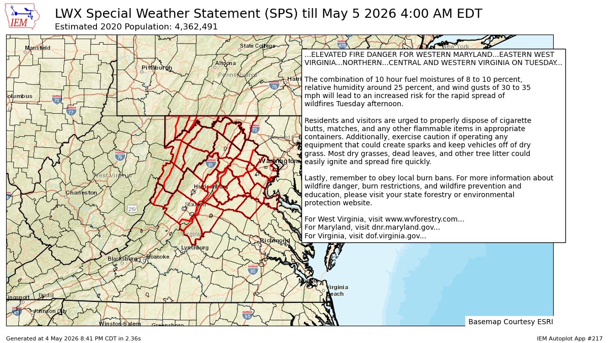 ELEVATED FIRE DANGER FOR WESTERN MARYLANDEASTERN WEST VIRGINIANORTHERNCENTRAL AND WESTERN VIRGINIA ON TUESDAY for Central and Eastern Allegany, Eastern Garrett, Extreme Western Allegany, Washington, Western Garrett [MD] and 28 foreca... till 4:00 AM EDT mesonet.agron.iastate.edu/p.php?pid=2026…