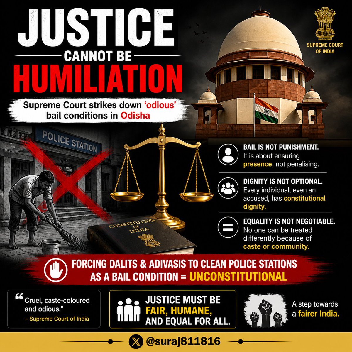 suraj811816's tweet image. Imagine being forced to ‘prove innocence’ by cleaning a police station.
This isn’t justice. This is bias.
Glad the Supreme Court of India called it out. ⚖️ #SupremeCourt #Justice #Equality #DalitRights #IndianJudiciary #odishadalitcase
