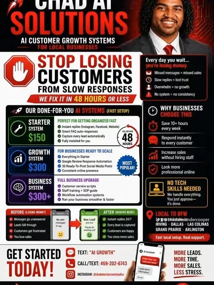 chadalexcooper's tweet image. Hey everyone 👋
Hello 
I’m now helping small businesses automate their messages, leads, and follow-ups using AI 🤖

Check it out here 👇 
chadaisolutions.netlify.app

#SmallBusinessDallas #DFW #ChatbotMarketing #BusinessSystems #GetMoreClients