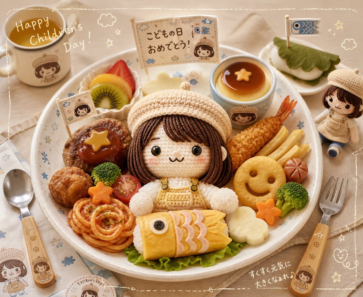 編みぐるみ♡Happy Wedding♡プレート飾り かわいいお子様ランチプレートできた🎏 添付画像をコンマリさんの編み