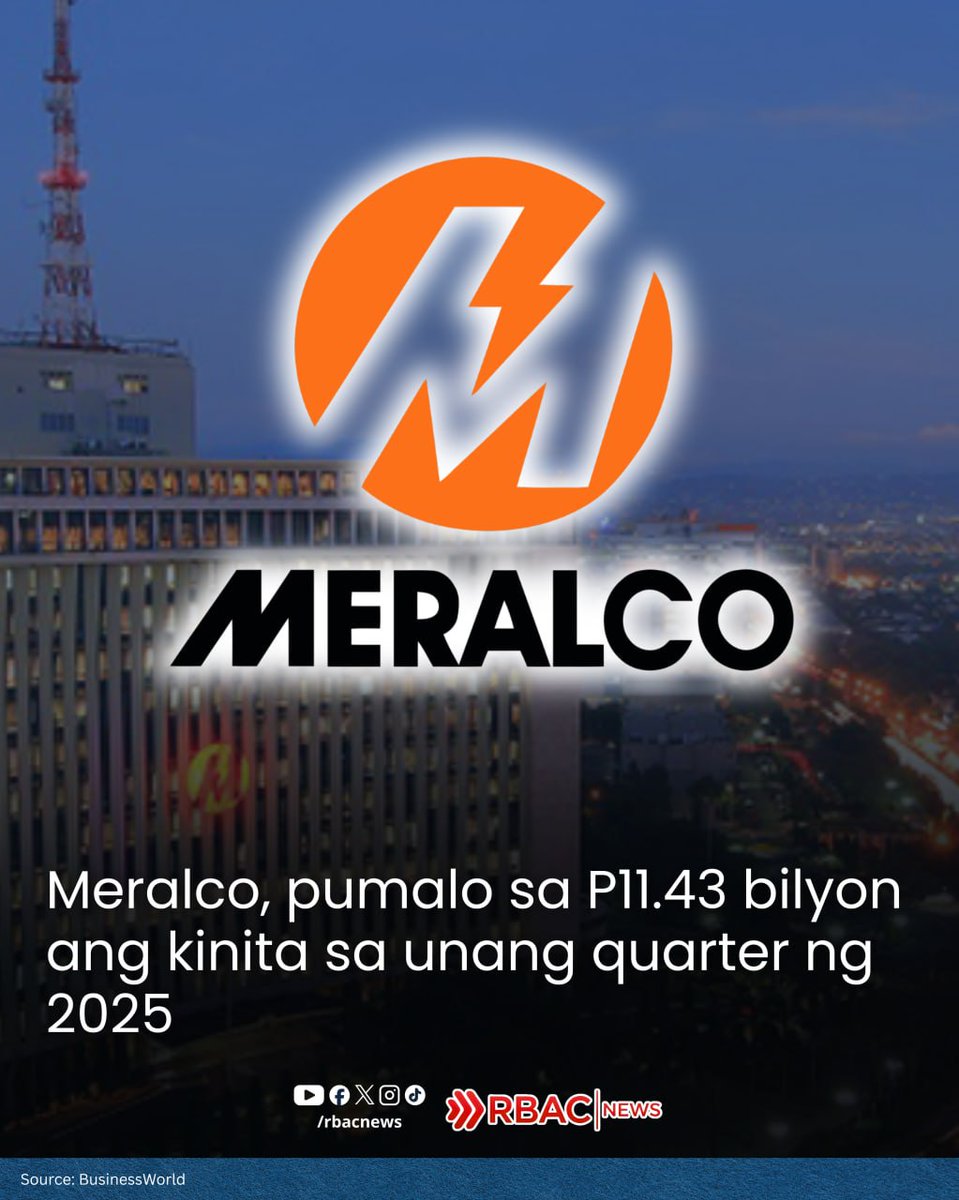 rbacnews's tweet image. Pumalo sa P11.43 bilyon ang kita ng Meralco sa unang tatlong buwan ng 2025.

Ayon sa datos, ang paglago sa power generation at retail electricity supply ang pangunahing nag-ambag sa kabuuang performance ng kumpanya sa nasabing panahon.

#rbacnews #highlights #follower