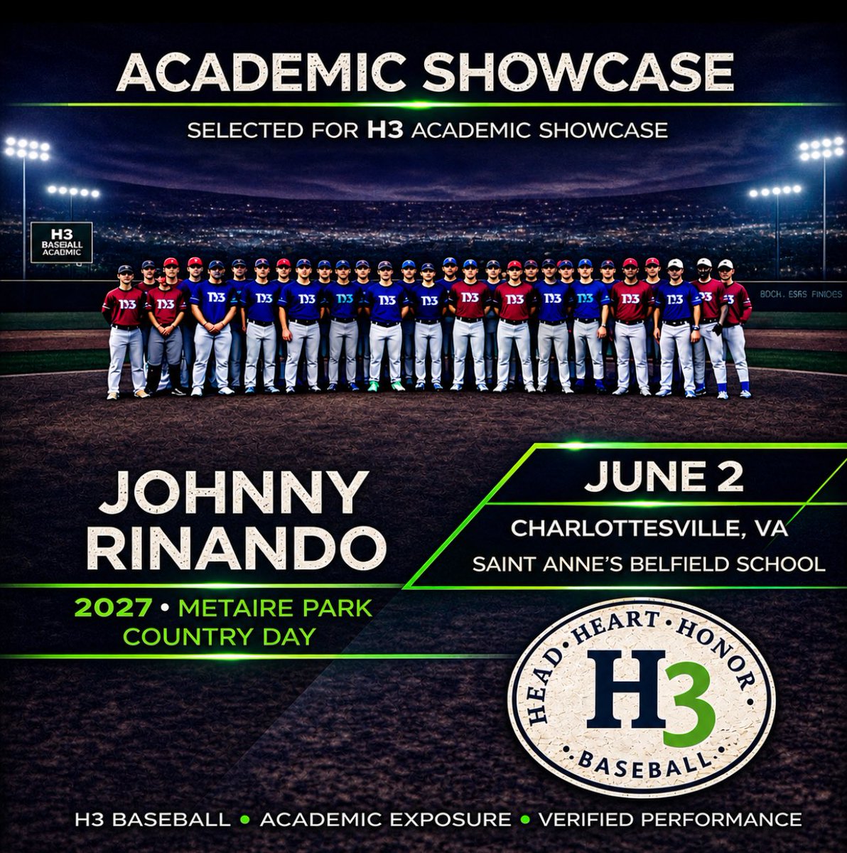 JohnnyRinando's tweet photo. Honored to be headed to the H3 Academic Baseball Showcase at Saint Anne's Belfield on June 2. Thank you to the @h3sportsmedia team for the invitation. Super excited for the opportunity. 💯 https://t.co/M7DepwE4Kf