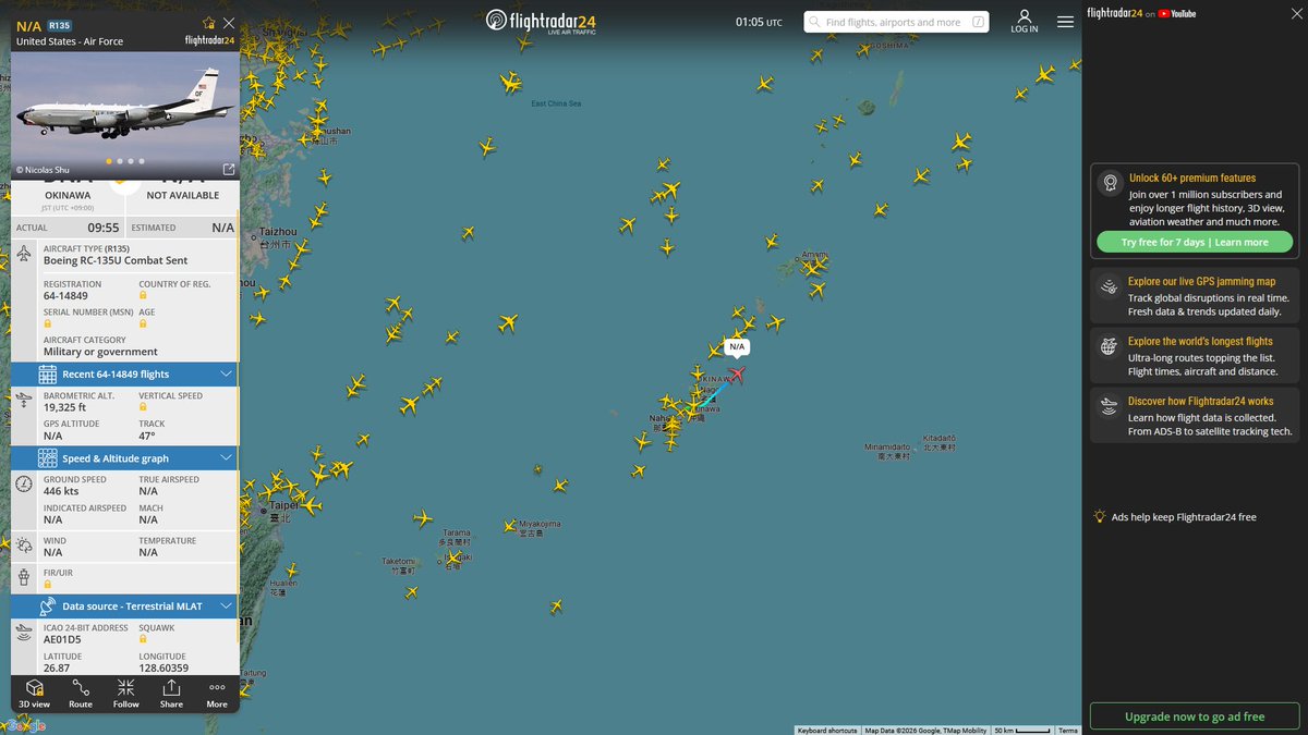 AIYeyENGDdJkjTr's tweet image. May 5, 2026
#Okinawa Kadena Air Base ==&amp;gt;  #South Korea

#NoCALLSIGN #AE01D5 USAF RC-135U Combat Sent