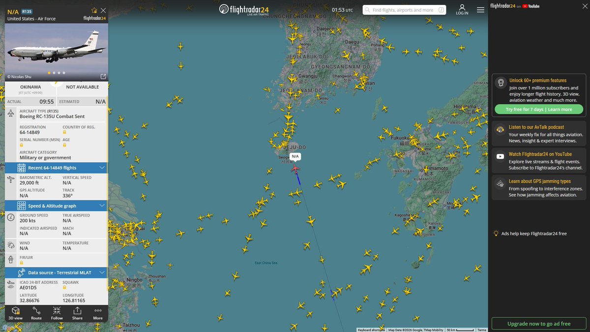 AIYeyENGDdJkjTr's tweet image. May 5, 2026
#Okinawa Kadena Air Base ==&amp;gt;  #South Korea

#NoCALLSIGN #AE01D5 USAF RC-135U Combat Sent
