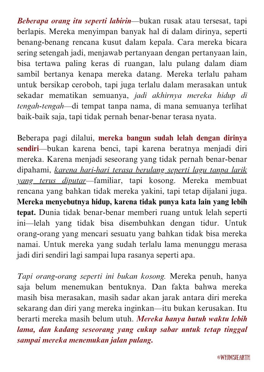 saya harap kamu bisa lekas selesaikan lapisan benang kusut dalam kepala. walau penat telah mencapai tenggat, semoga mereka segera beranjak.
🖊️ whimsiearth