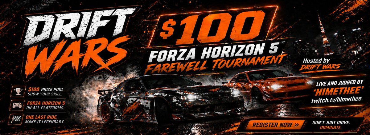 DriftWarsgg's tweet photo. Looking for a chance to WIN $100?

Starting May 12th we will be launching our weekly Tournaments starting with the "#ForzaHorizon5 Farewell" Tournament' as we go into #ForzaHorizon6.

Entry is Free but only 12 Drivers will get the opportunity!

https://t.co/22MSGXZNWQ https://t.co/McifgeyogW
