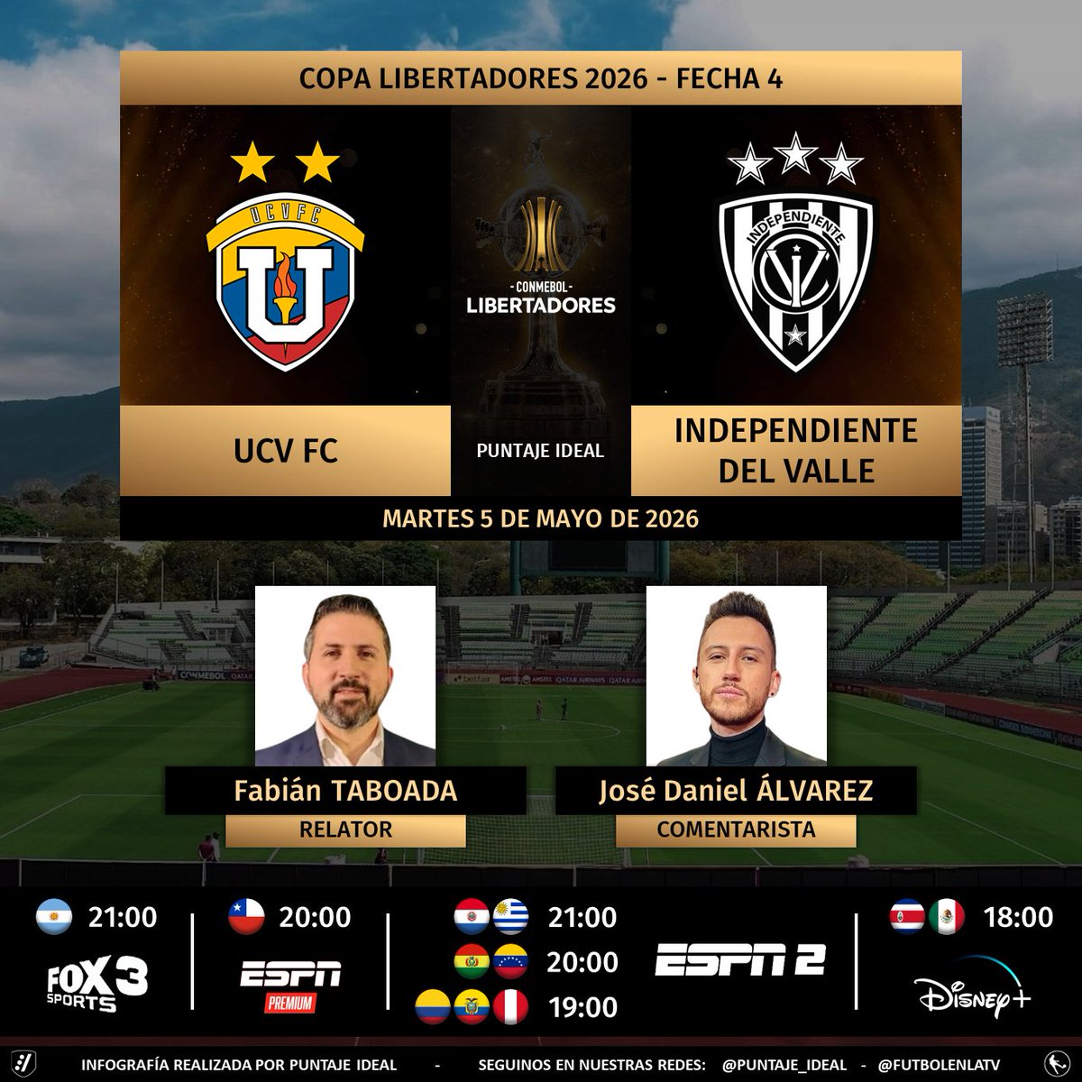 Puntaje_Ideal's tweet photo. ⚽ #Libertadores | 🇻🇪 #UCVFC vs. #IDV 🇪🇨
🎙️ Relator: @FabiTaboadaok
🎙️ Comentarista: @ChoboAlvarez
📺 #FOX3 Argentina 🇦🇷
📺 #ESPNPremium Chile 🇨🇱
📺 #ESPN2 Sudamérica (❌🇦🇷🇨🇱)
💻📱 @disneyplusla Latinoamérica
🤳 #LIBERTADORESxESPN - #GloriaEterna
Dale RT https://t.co/IOq0AWrAfP