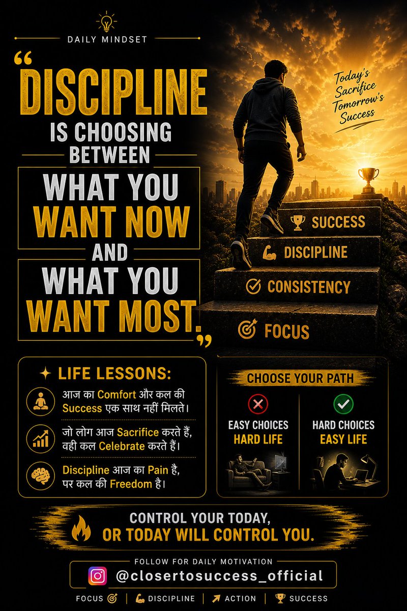 RanjanR18140236's tweet image. 👉 Easy choices = Hard life
👉 Hard choices = Easy life
Aaj decide karo…
Tum kis side हो? 🔥
Follow -@closertosuccess_official
for daily motivation 💪
#dailymotivation #successmindset #keepgoing #nevergiveup #consistency