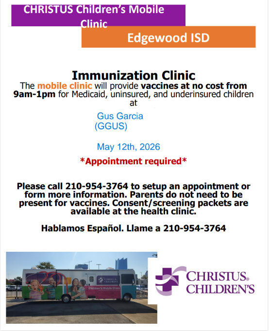 GusUniversity's tweet photo. Immunization Clinic! The mobile clinic will provide vaccines at NO cost from 9 AM to 1 PM for Medicaid, uninsured, and underinsured children at Gus Garcia on May 12! Appointment Required. Please call 210-954-3764. https://t.co/3lSwyFiSSr
