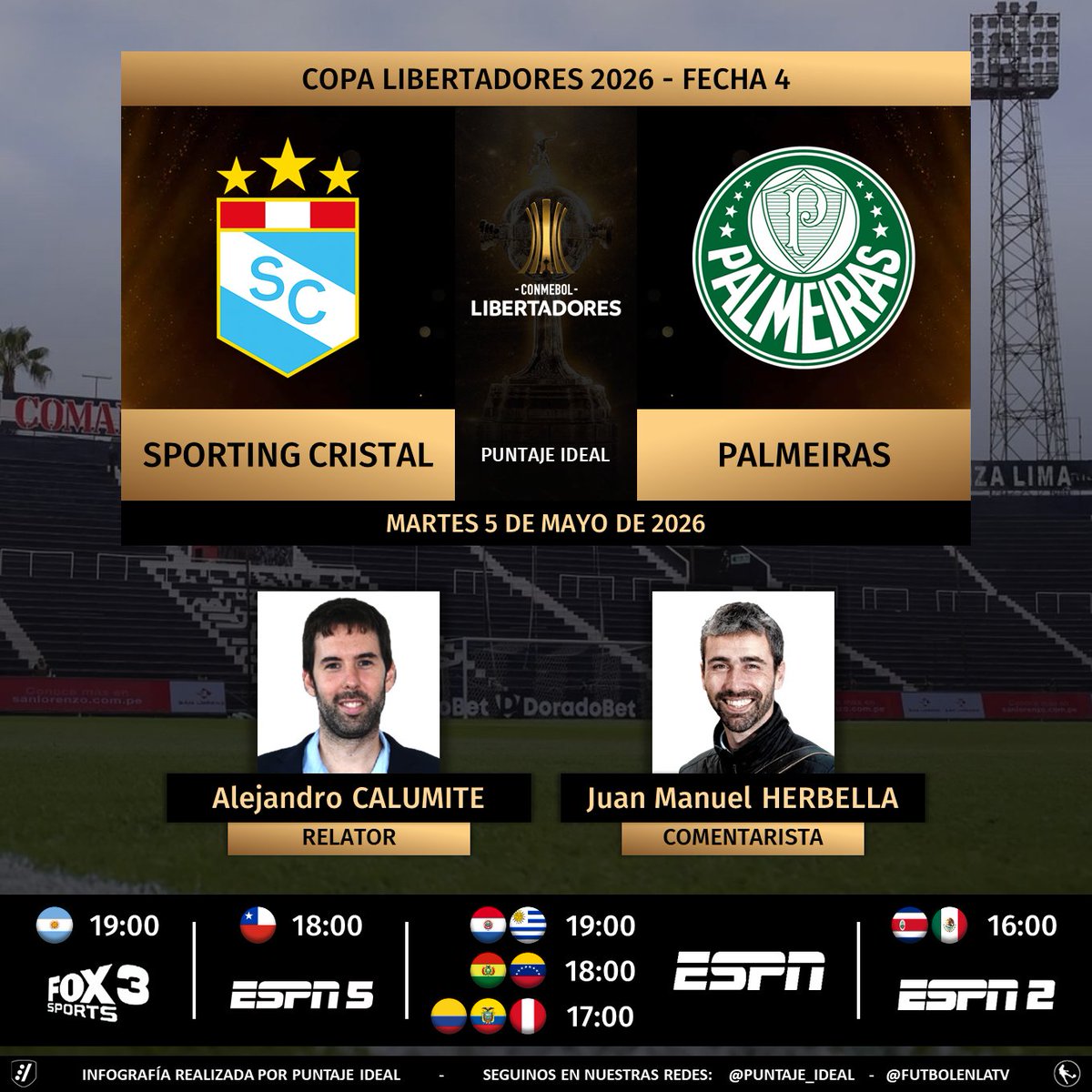 Puntaje_Ideal's tweet photo. ⚽ #Libertadores | 🇵🇪 #SportingCristal vs. #Palmeiras 🇧🇷
🎙️ Relator: @alecalumite
🎙️ Comentarista: @JuanHerbella
📺 #FOX3 Argentina 🇦🇷
📺 #ESPN5 Chile 🇨🇱
📺 #ESPN Sudamérica (❌🇦🇷🇨🇱)
📺 #ESPN2 Norte
💻📱 @disneyplusla
🤳 #LIBERTADORESxESPN - #GloriaEterna
Dale RT 🔃 https://t.co/KM7oMG26Qb