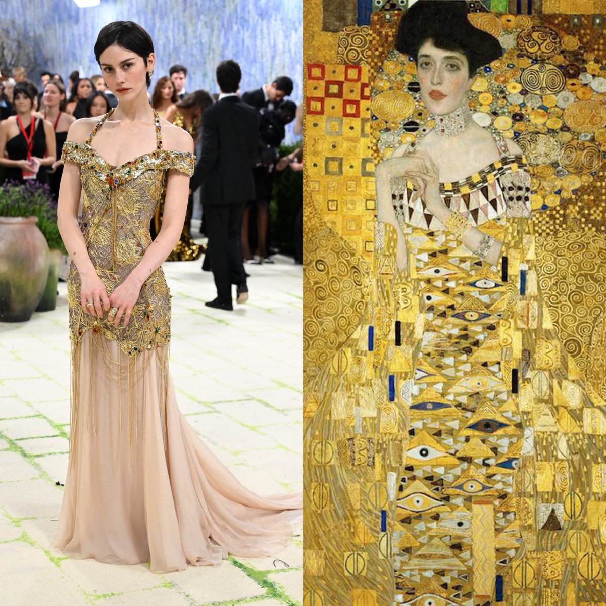 Some references at the #MetGala. 
Rachel Zegler and Angela Bassett in Prabal Gurung inspired by “The Execution of Lady Jane Grey” by Paul Delaroche and “Girl in Pink Dress” by Laura Wheeler Waring.

Hunter Schafer in Prada and Gracie Abrams in Chanel inspired by Gustav Klimt.