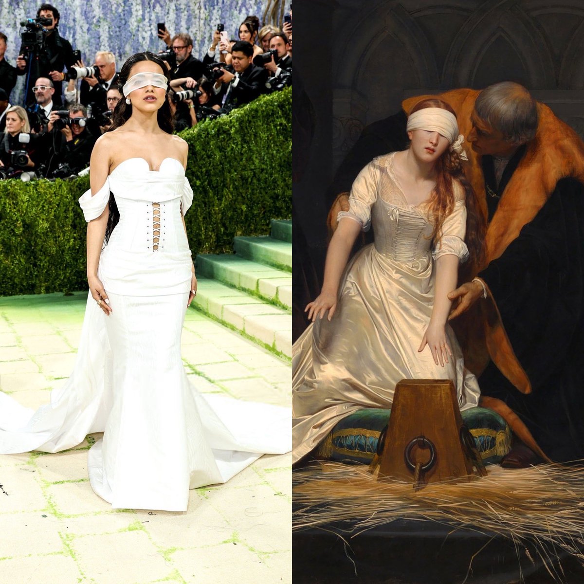 CoutureIsBeyond's tweet photo. Some references at the #MetGala. 
Rachel Zegler and Angela Bassett in Prabal Gurung inspired by “The Execution of Lady Jane Grey” by Paul Delaroche and “Girl in Pink Dress” by Laura Wheeler Waring.

Hunter Schafer in Prada and Gracie Abrams in Chanel inspired by Gustav Klimt. https://t.co/E0dscoqowJ