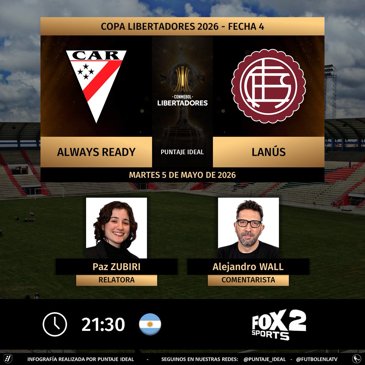 Puntaje_Ideal's tweet image. ⚽ #Libertadores | 🇧🇴 #AlwaysReady vs. #Lanús 🇦🇷
🎙️ Relatora: @pachuzubiri1 
🎙️ Comentarista: @alejwall 
📺 @FOXSportsArg 🇦🇷
🤳 #LibertadoresXFoxSports - #FOXSportsArgentina - #GloriaEterna    
Dale RT 🔃