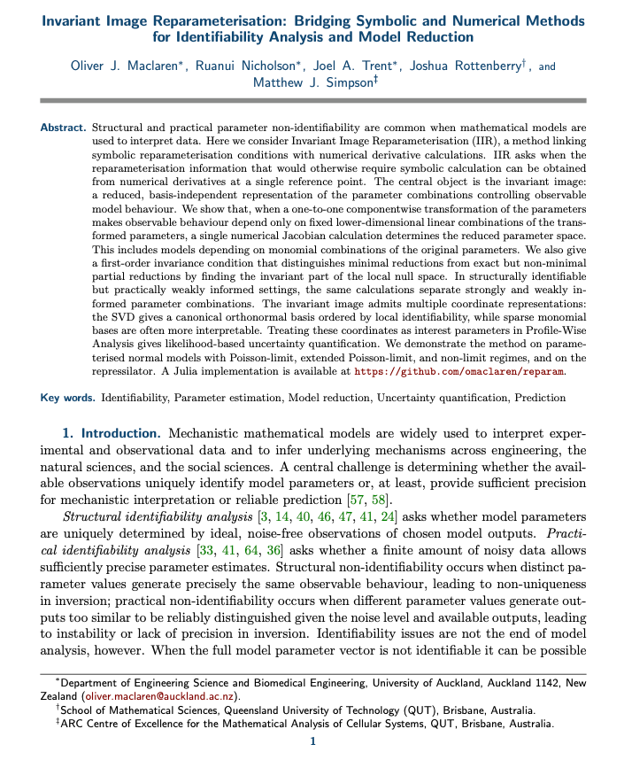 omaclaren's tweet photo. Finally uploaded a revised version of this preprint on parameter identifiability. Approach is called 'invariant image reparameterisation' though 'image' used here in mathematical sense not picture sense. Took me a while to revise for various reasons, but fairly happy with it now https://t.co/kqIf0IxwRz