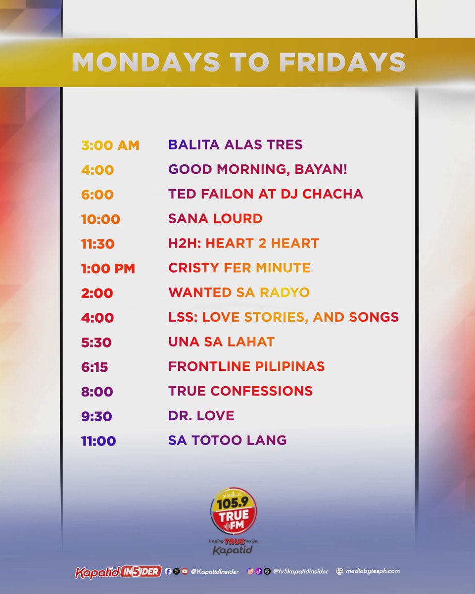 KapatidInsider's tweet photo. Mula madaling-araw hanggang hatinggabi, tuloy-tuloy ang hatid na balita, kwentuhan, musika, at serbisyong totoo! 🎙️📻
Mas marami kang aabangan sa bawat oras! 🎧 @TrueNetworkPH — laging may bago, laging TRUE sa’yo, Kapatid! ❤️💛
#LagingTrueSayoKapatid
#TrueFM #SaTrue #truedigi https://t.co/ZaWcpO50B1