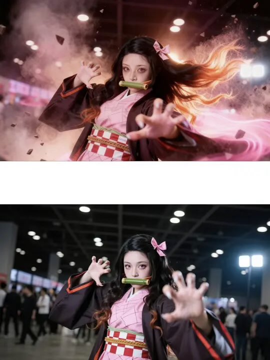 1024studio's tweet photo. 漫展cos修图，难点其实不在于场景和氛围感，而在于各类特效：武器特效、人物特效、画面氛围特效等等。其实单纯想要电影感、氛围感，美图秀秀一键就能实现，也能自动清理背景路人、套各种滤镜，完全没必要浪费AI算力去做。

既然用AI来做修图，最大的优势就是各类特效可以快速生成。给你个建议：写提示词时，不用一味堆砌电影感、氛围感这类泛泛词汇，而是贴合动漫人设，重点在人物适配、武器细节、专属场景、专属特效上下功夫

另外还有一个痛点：目前AI对coser面部妆造，还原和细化效果并不理想。可以先用美图秀秀这类工具，做基础的脸型、妆容精修，完成人像底子然后再导入AI，专门叠加人物、武器、画面专属特效

所以下次修图时可以把重点放在AI专属特效创作上，配合人物动起来做个小段视频，来拉开质感和服务差距