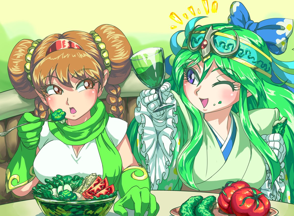 あ今日みどりの日か…て描いてたらもう終わっとる！
て事で緑の二人。ワンコレでは何か関わりあったんでしょうか。
練習でさらっと描くつもりがなぜ野菜をこんなにしっかり描いてるの（汗）
みんなも二人のように野菜をいっぱい食べようＺＥ!