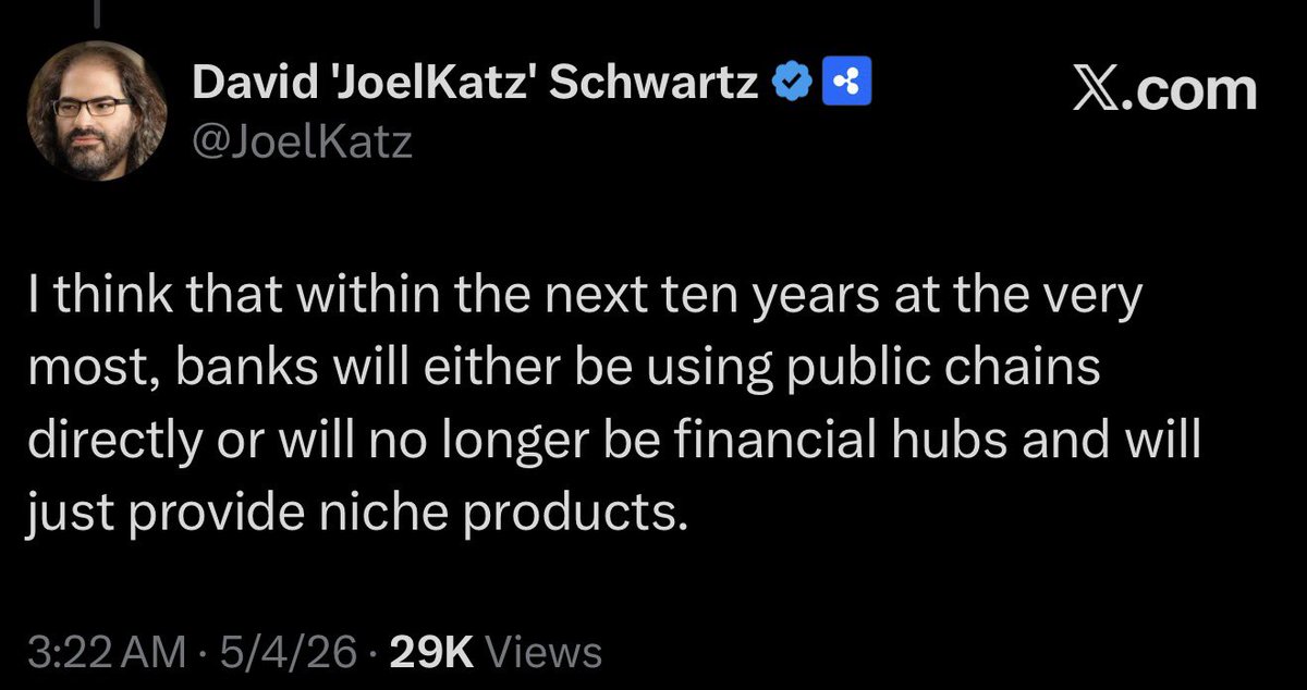 BankXRP's tweet photo. David Schwartz: Banks Will Use Public Blockchains or Shrink to Niche Players Within 10 Years https://t.co/La5Ss1lUYD