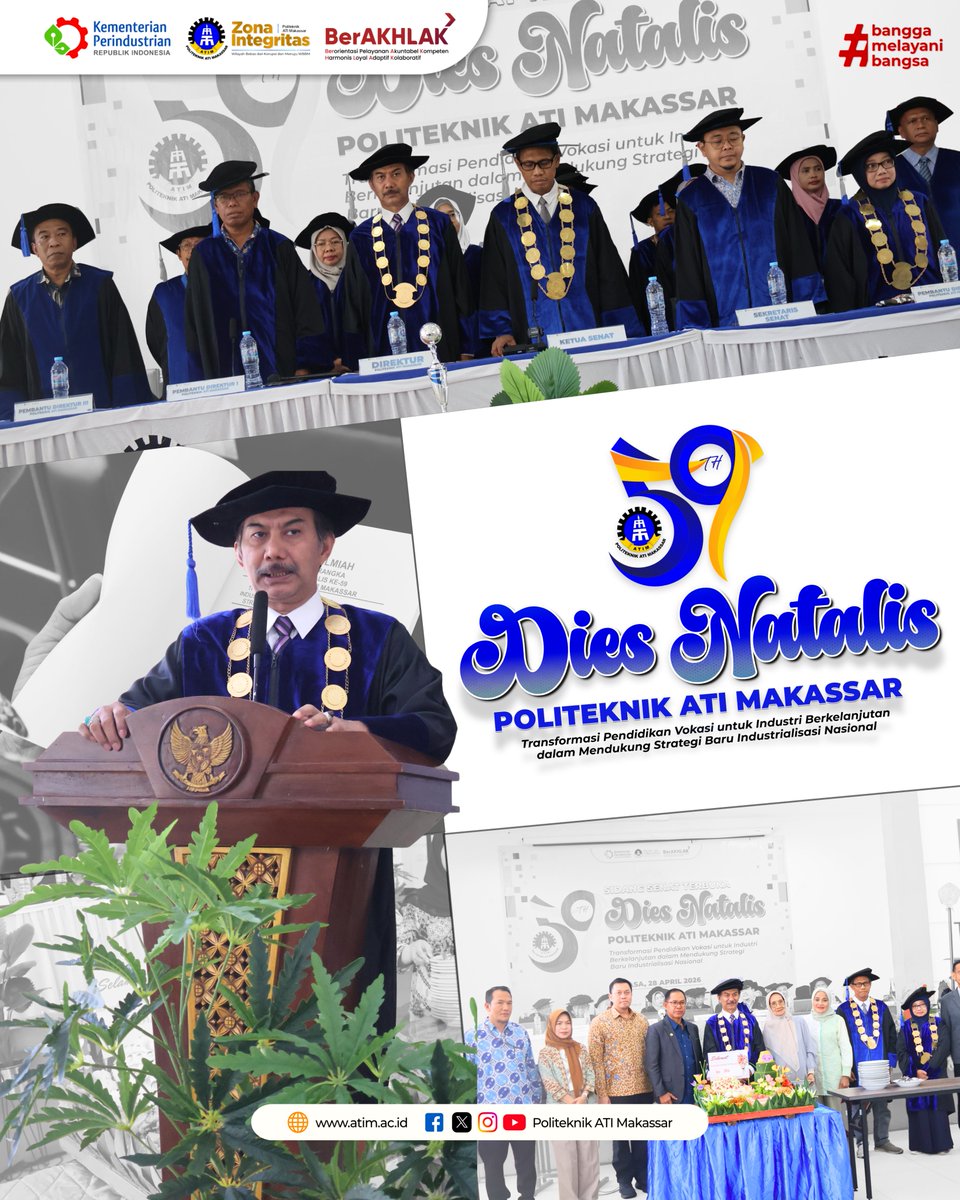 poltek_atim's tweet photo. Menggelar Sidang Senat Terbuka dalam rangka memperingati Dies Natalis ke-59, Politeknik ATI Makassar mengangkat tema “Transformasi Pendidikan Vokasi yang Berkelanjutan untuk Mendukung Strategi Baru Industrialisasi Nasional”, Selasa (28/4/2026). https://t.co/CVXxcPDWgw