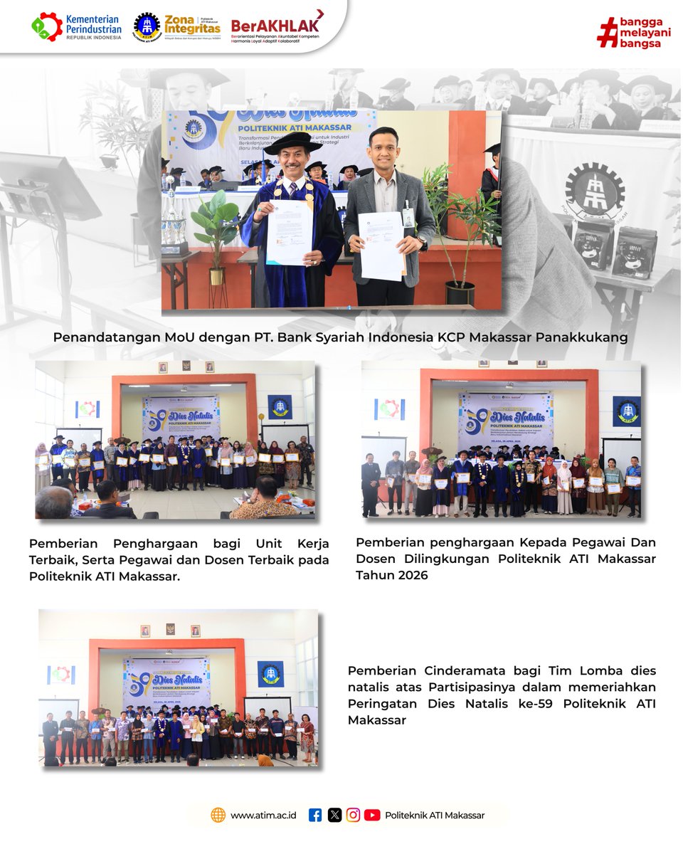 poltek_atim's tweet photo. Menggelar Sidang Senat Terbuka dalam rangka memperingati Dies Natalis ke-59, Politeknik ATI Makassar mengangkat tema “Transformasi Pendidikan Vokasi yang Berkelanjutan untuk Mendukung Strategi Baru Industrialisasi Nasional”, Selasa (28/4/2026). https://t.co/CVXxcPDWgw