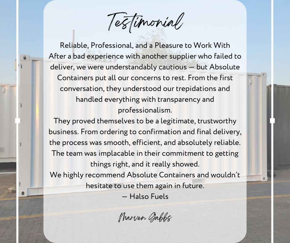 AbsoluteContai1's tweet photo. Thank you, Marven Gabbs, for the great 5‑star Google review! ⭐
We’re glad to hear you found our service reliable and professional. Your support means a lot! 🙌

https://t.co/BxV1rJ0Wxf
📞 012 940 0090 | ✉️ sales@absolutecontainers.co.za 

#AbsoluteContainers https://t.co/82hVVKpbm7
