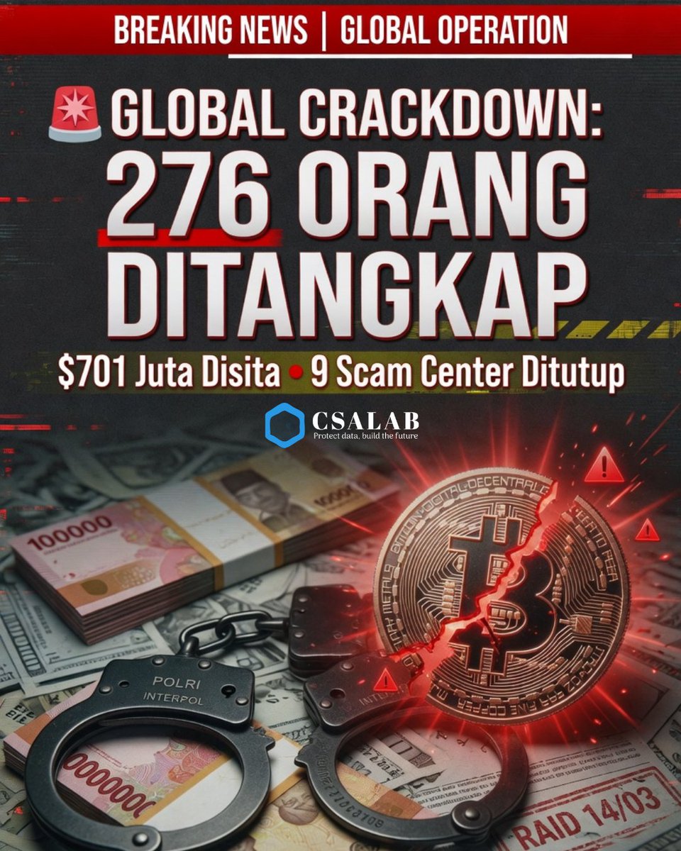 csalab_id's tweet image. 🚨 Global Crackdown: 276 Orang Ditangkap, 9 Scam Center Ditutup, $701 Juta Disita!

Operasi besar lawan pig butchering crypto scam.

Waspada investasi crypto dari orang baru!

#CryptoScam #PigButchering #CyberCrime